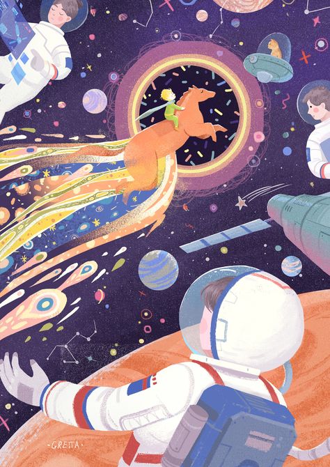 Hello Little Prince on Behance Light Illustration Art, Outer Space Illustration, Universe Illustration, Galaxy Illustration, Graphic Design Drawing, Nasa Art, Illustration Space, Space Illustration, Little Prince