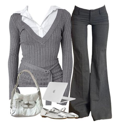 office cutie #emmiol #officeoutfit #fallfashion #fashion #ootd Sixth Form Outfits, Outfits 2000s, Silver Handbag, Stay Productive, Winter Fashion Outfits Casual, Flared Trousers, Winter Outfits For Work, Professional Fashion, Gray Sweater