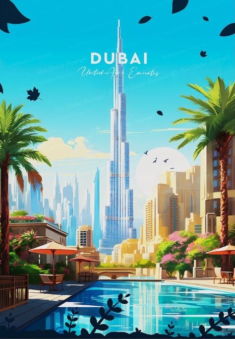 Dubai Illustration, الفن الرقمي, Travel Poster Design, Pen Art Drawings, Dubai United Arab Emirates, Travel Wallpaper, Retro Travel Poster, City Illustration, Travel Illustration