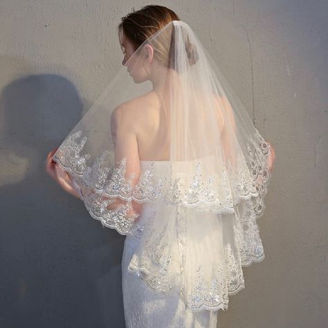 Wedity Wedding Bridal Veils 2 Tier Sequined Lace Flower Edge Tulle Elbow Fingertip Length veil Short Veils Bridal, Elbow Length Veil, Fingertip Wedding Veils, Wedding Veils Short, Lace Veils Bridal, Tulle Wedding Veil, Layered Veil, Bride Veil, Wedding Bridal Veils