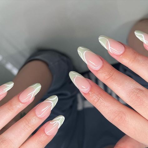 Sage Green Design Nails, Minty Green Acrylic Nails, Nails For Mint Green Dress, Sage Green And White French Tip Nails, Engagement Nails Green, Prom Nails Sage Green, Sage Green Pink Nails, Prom Nails Light Green, Sage Green Bridesmaid Nails