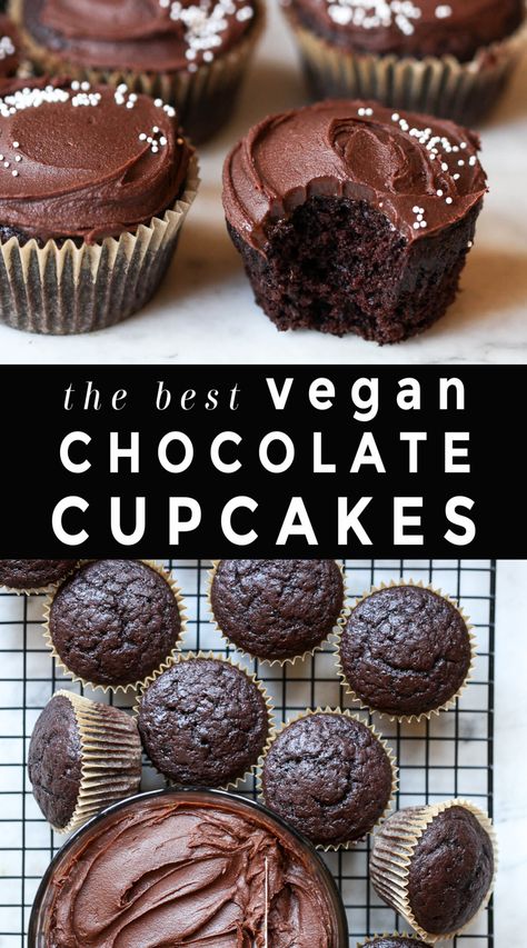 Two photos of vegan chocolate cupcakes with frosting and white sprinkles with text overlay that reads "the best vegan chocolate cupcakes" Moist Vegan Cupcakes, Easy Vegan Chocolate Cupcakes, Healthy Vegan Chocolate Muffins, Dairy Free Chocolate Cupcake Recipe, Healthy Vegan Chocolate Desserts, Healthy Vegan Cupcakes, Vegan Black Forest Cupcakes, Best Vegan Cupcake Recipe, Easy Vegan Chocolate Desserts