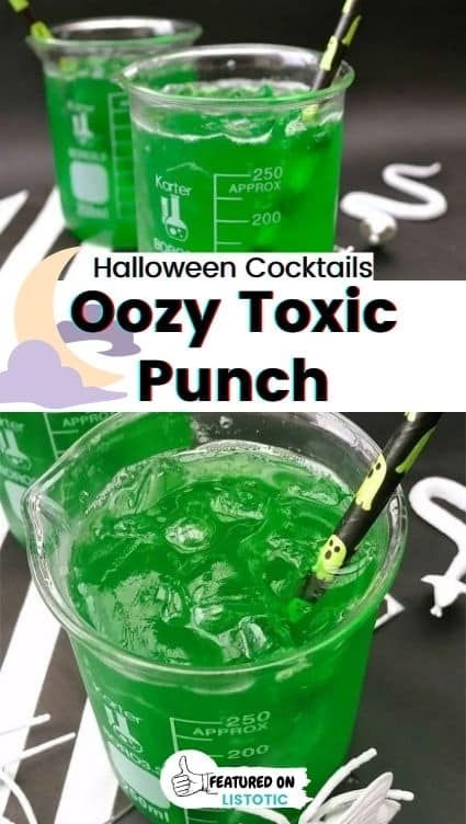 This oozy toxic punch is the perfect Halloween themed party drink for Halloween parties! Plus, if you leave out the alcohol, it's perfect for kids. Click on the pin to see this plus more Halloween shots featured over on Listotic. Halloween Bucket Drinks, Halloween Party Shots, Halloween Party Drinks Alcohol, Halloween Punch Alcohol, Party Punch Alcohol, Halloween Party Punch, Jungle Juice Recipe, Halloween Alcohol, Halloween Themed Drinks