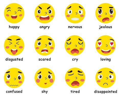 Emojis feelings chart | Premium Vector #Freepik #vector #feelings #smiley-faces #emojis #doodle-emoji Emotion Chart Drawing, Face Emoji Drawing, Happy Emoji Faces, Emotions Kindergarten, Emojis And Their Meanings, Emotions Clipart, Emoji Chart, Emojis Meanings, Png Emoji