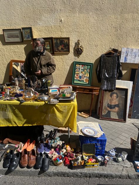 Random street at Rastro street market in Madrid Madrid Streets Aesthetic, Vintage Market Aesthetic, Study Abroad Madrid, Madrid Spain Aesthetic, Summer Streets, Madrid Aesthetic, Market Aesthetic, Study Spanish, Grandpa Style