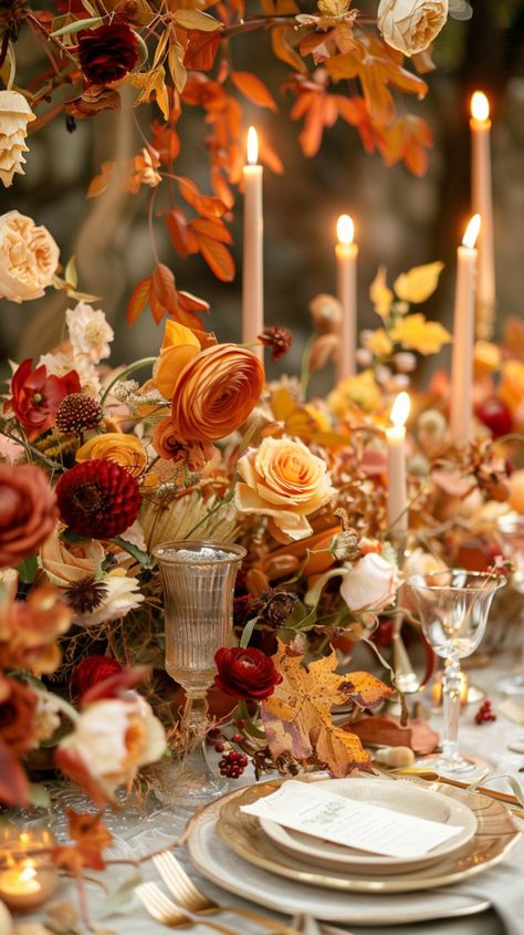 Old Money Fall Wedding, Fall Wedding Cake Ideas Autumn, Fall Wedding Vintage, October Themed Wedding, Fall Leaves Wedding Decor, Fall Head Table Wedding Decorations, Marigold Flower Wedding, October Wedding Decor, Fall Arrangements Floral Design