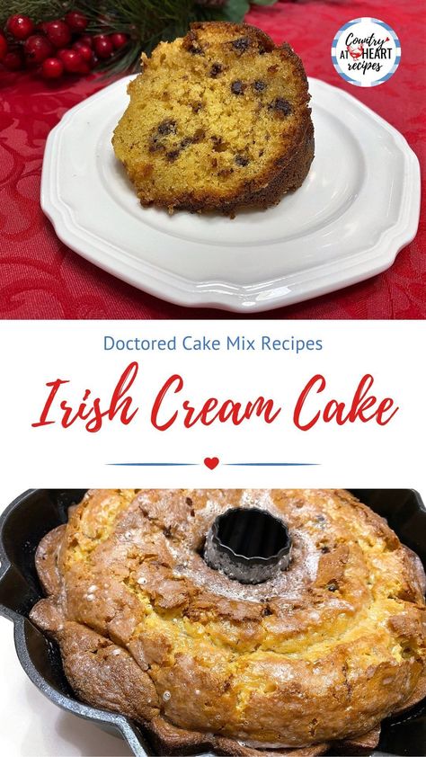 Irish Cream Cake is perfect for any holiday entertaining. It uses a cake mix as its base and is flavored with miniature chocolate chips and Irish Cream Liqueur. The icing seeps into the cake and creates a sweet and crusty film on the outside--like a donut! It's so good. #irishcreamcake #cakes #holidaybaking #stpatricksday #irishcreamliqueur #cakemixrecipes #miniaturesemisweetchocolatechips #countryatheartrecipes https://countryatheartrecipes.com/2014/03/irish-cream-cake/ Baileys Irish Cream Cake, Irish Cake, Irish Cream Cake, Doctored Cake Mix Recipes, Cake Mix Doctor, Miniature Chocolate, Irish Cream Liqueur, Bundt Cake Pan, Cream Liqueur