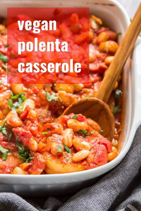 Slices of polenta are layered with a savory mix of white beans in herbed tomato sauce to make this cozy vegan casserole. Flavorful, comforting and easy enough for a weeknight dinner! Polenta Ideas, Polenta Recipes Vegan, Tomato Polenta, Polenta Bake, Polenta Casserole, White Bean Tomato, Starch Diet, Vegan Polenta, Vegan Casserole Recipes