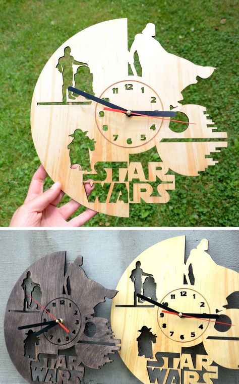 15 Unique Handmade Wall Clock Designs To Personalize Your Home Decor Star Wars Wall, Wooden Clocks, Star Wars Wall Art, Handmade Wall Clocks, Star Wars Decor, Brother Christmas, Star Wars Diy, Best Boyfriend Gifts, Laser Engraved Ideas