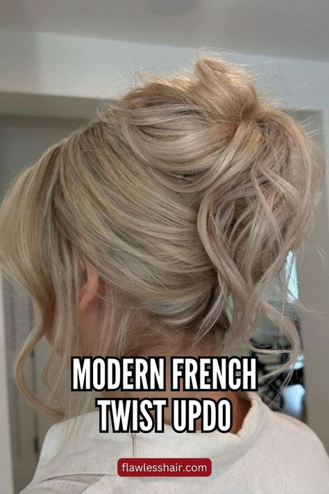 Modern French Twist Updo Modern Hair Updo Classy, Messy Updo Curtain Bangs, Romantic French Twist, Textured French Twist Updo, French Twist Updo Front View, French Twist Updo Medium Hair, Updos With Volume On Top, Rehearsal Dinner Updo, Loose French Twist Updo