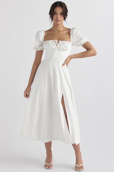 Clothing : Midi Dresses : 'Tallulah' White Puff Sleeve Midi Dress Washing Dress, Backless Dress Summer, Puff Sleeve Midi Dress, Midi Sundress, Breezy Dress, Split Maxi Dress, Hourglass Shape, Garden Parties, Sleeve Midi Dress