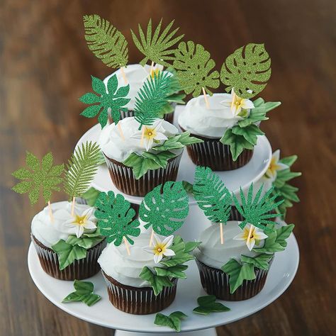 Amazon.com: 24 PCS Tropical Palm Leaves Cupcake Toppers Green Glitter Hawaii Luau Cupcake Picks Plant Leaf Summer Tropical Theme Birthday Party Cake Decorations Supplies : Grocery & Gourmet Food Hawaii Themed Cupcakes, Luau Cupcakes, Tropical Cupcakes, Birthday Cupcakes Decoration, Tropical Theme Party, Luau Theme Party, Luau Theme, Tropical Palm Leaves, Garden Party Birthday