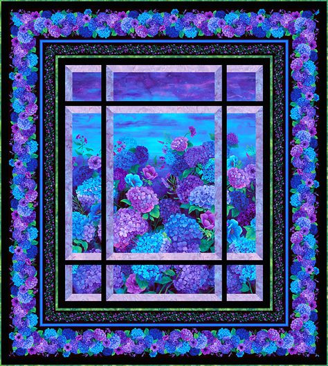 When we look out through this ‘window’ onto a moonlit Hydrangea flower bed, we feel a deep sense of peaceful joy. This week’s exclusive eQuilter Free Quilt Pattern is our gift to you – a tranquil view of Nature in … Continue reading → Large Flower Quilt Panels, Attic Window Panel Quilt Free Pattern, Windowpane Quilt Pattern, Attic Window Quilt Pattern Free, Hydrangea Quilt, Windowpane Quilt, Panel Quilting, Attic Window Quilts, Window Quilt