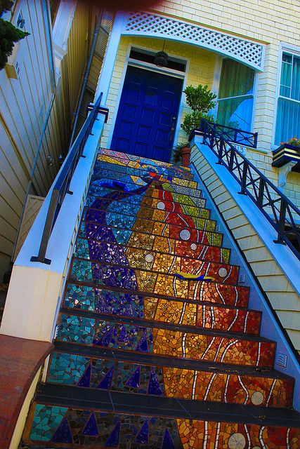 amazing mosaic steps- holy cow that is awesome!! And they used their brains and made the tread out of normal and hopefully non slip tiles!!! Mosaic Stairs, Mosaic Stained, Mosaic Madness, Stairway To Heaven, Mosaic Projects, Stained Glass Mosaic, Mosaic Art, My Dream Home, Future House