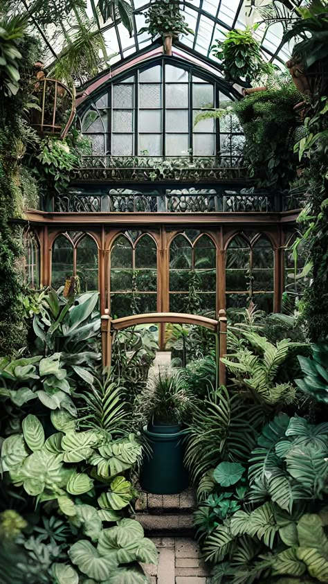 Dark Greenhouse, Glass Green House Aesthetic, Greenhouse Dark Academia, Big Greenhouse, Victorian Greenhouses Aesthetic, Greenhouse Interior, Ornate Greenhouse, Botanical Room, Greenhouse Kitchen