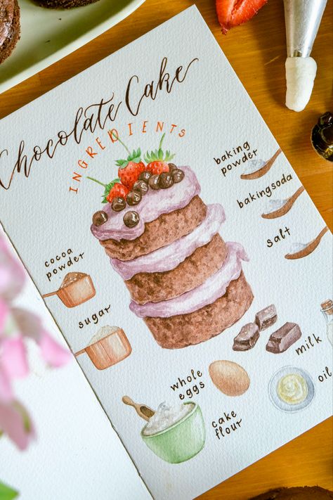 #oneteaspoonart Watercolor Recipe Book, Chocolate Cake Illustration, Aesthetic Cookbook, Illustrated Cookbook, Choco Cake, Homemade Recipe Books, Recipe Book Design, Kitchen Witch Recipes, Recipe Art