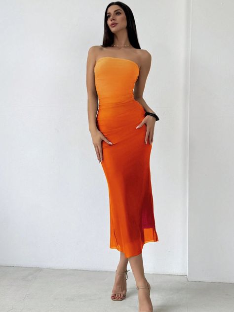 SHEIN Aloruh American Style Ombre Mesh Printed Bandeau Bodycon Orange DressI discovered amazing products on SHEIN.com, come check them out! Bright Orange Dress, Orange Cocktail Dresses, Mango Dress, Ombre Dress, Orange Ombre, Women Long Dresses, Orange Dress, Bandage Dress, Dress P