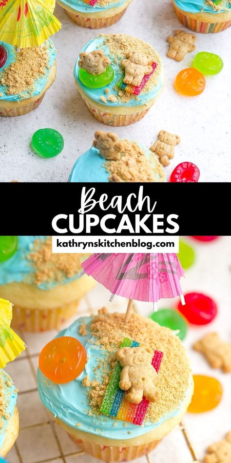 EASY Summer Themed Beach Cupcakes- Kathryn's Kitchen Beach Bear Cupcakes, Easy Summer Cupcakes Ideas, Water Themed Desserts, Cupcake Summer Ideas, Summertime Cupcake Ideas, Clam Cupcakes, Cupcakes Decoration Summer, Pool Party Cupcakes Girl, Kid Cupcake Ideas