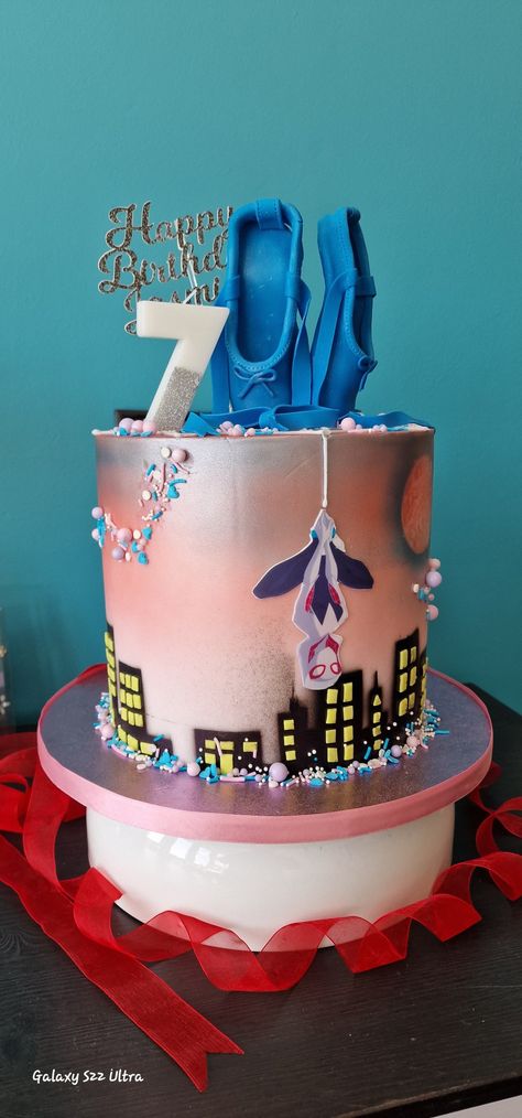 Airbrushed cake, with spider Gwen figures around the cake.  Birthday cake for 7 year old girl.  4 tiered chocolate cake filled with chocolate buttercream. Gwen Stacy Cake, Spider Gwen Birthday Party, Ghost Spider Cake, Spider Gwen Party, Spider Gwen Birthday, Ghost Spider Party, Bday Theme Ideas, Spider Party, Bespoke Cakes