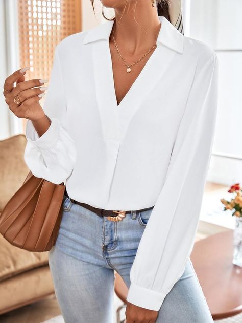 White Collared Shirt Outfit, Blouse Peplum, Trendy Business Casual, Business Formal Dress, Top Jeans, White Collared Shirt, Long Sleeve Outfits, Formal Dresses Gowns, White Long Sleeve Shirt