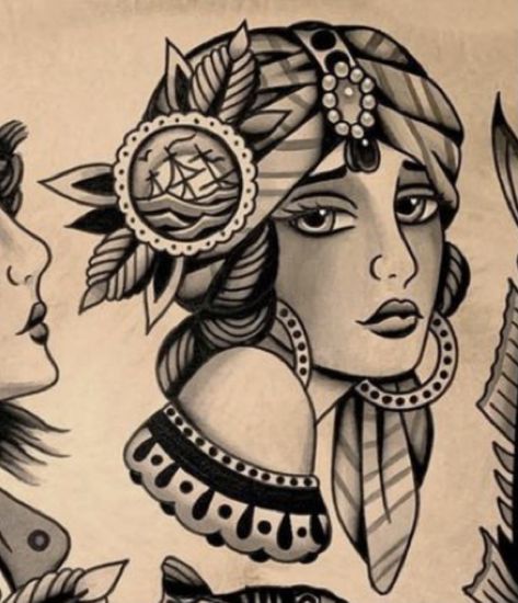 Lady Face Traditional Tattoo, Traditional Female Head Tattoo, Traditional Woman’s Face Tattoo, Trad Face Tattoo, Traditional Face Tattoo Woman, American Trad Lady Face, American Traditional Tattoos Women Faces, B&w Traditional Tattoos, Female American Traditional Tattoo