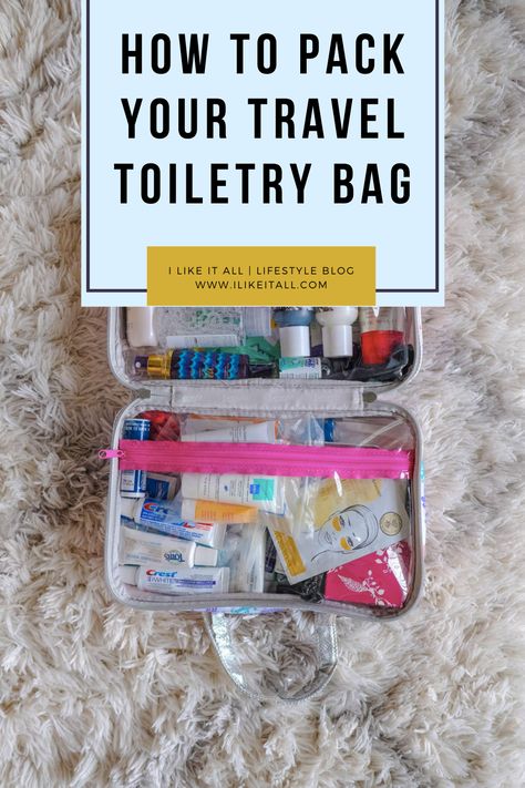 Here's what you need to pack in your travel toiletry bag to ensure you're prepared for every situation while taking care of your skin, hair, dental hygiene, and more! Airplane Toiletries Bag, Travel Hygiene Bag, Toiletry Packing Hacks, What To Pack In Toiletry Bag, Tolitrey Bag, Toiletry Bag Essentials, Carry On Toiletries, Packing Toiletries, Bathroom Bag