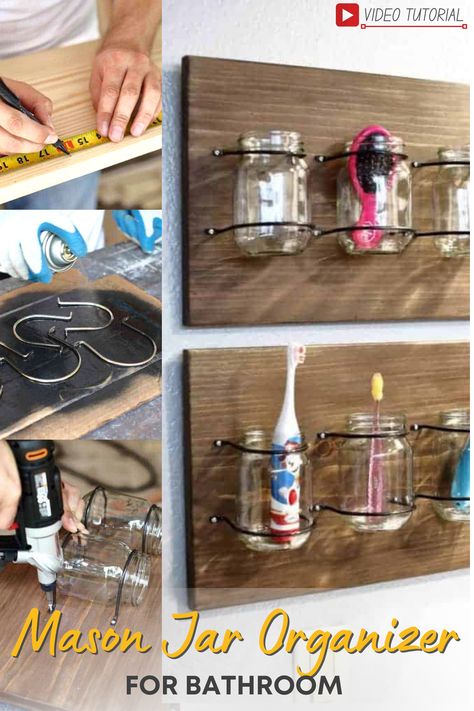 If you have extra mason jars you might want to see how other people repurposed them for other uses. You could use these jars for organizing small items or use them for house decor. For this tutorial, I made a simple DIY Mason Jar Organizer for the bathroom, to keep small items organized and readily available. #diy #freeplans #projects #homedecor #interior #woodproject #homeimprovement #DIYhomeprojects #DIYwoodworkingideas #bathroomdecor #diysmallproject #easydiy #bathroomorganizer #cabinet Mason Jar Organizer, Mason Jar Shelf, Spa Hacks, Mason Jar Holder, Mason Jar Organization, Organizer For Bathroom, Basic Woodworking, Diy Mason Jar, Top Diy