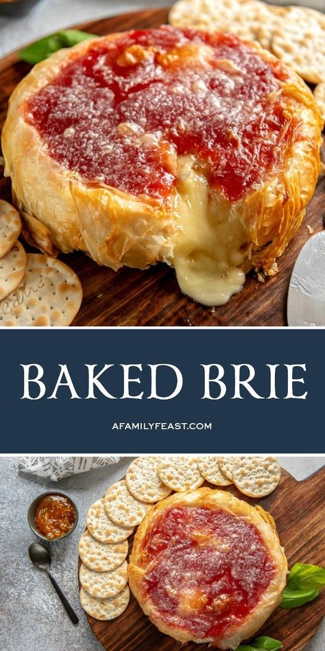 Learn how to make this easy Baked Brie wrapped in phyllo dough with jam. A delicious and gooey appetizer, plus it's gorgeous to look at! Easy Baked Brie, Baked Brie Appetizer, Baked Brie Recipes, Brie Appetizer, Brie Recipes, Fingerfood Party, Phyllo Dough, Family Feast, Baked Brie