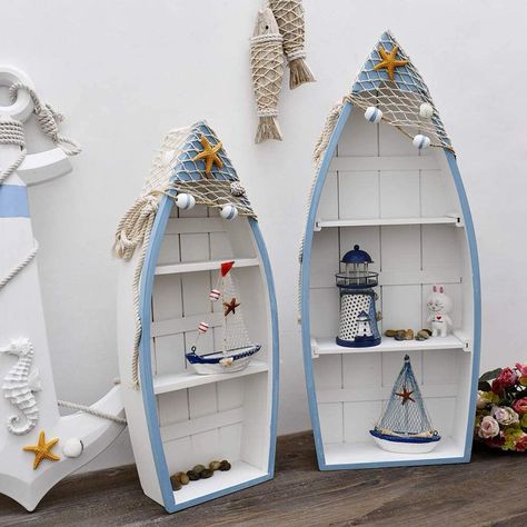 Attraction Design Wooden Boat Shelf Set of 2, Beach Theme Standing Display Boat with 3 Shelves Fish Net Star Fish Shell Nautical Decor (Boat Shelf 2 Set) - Walmart.com - Walmart.com Boat Shelf Decor, Nautical Theme Room, Boat Shelf, Sailboat Decor, Nautical Theme Decor, Boat Decor, Nautical Bathrooms, Nautical Party, Wood Boats