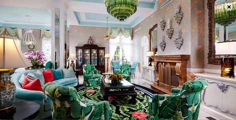 9 Hotels with the Most Beautiful Wallpaper Designs Photos | Architectural Digest Palm Print Wallpaper, Colony Hotel, The Colony Hotel, Dorothy Draper, Palm Beach Style, Murano Chandelier, The Colony, Emily Henderson, Lighting Trends