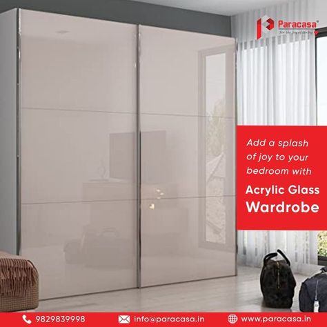 A modular wardrobe with a sheen appearance and glossy finish is an eye-catcher. For homeowners who love a lustrous room setup, it comes real easy with acrylic finish laminates. With a glass-like finish, acryshine acrylic shutters are lightweight and yet, have high durability features. Reach out to us at 9829839998 Or write to us at info@paracasa.in #wardrobe #wardrobedecor #homedecor #interiordesign #interiordesigner #interior #design #homedecor #paracasawardrobes #paracasainterio Glass Profile Wadrobe, Acrylic Finish Wardrobe, Glossy Cupboards Bedroom, Acrylic Sliding Wardrobe Designs, Acrylic Wardrobe Shutters, Glass Laminated Wardrobe, Glossy Finish Wardrobes, Laqured Glass Wardrobe, Glossy Laminate Wardrobe Design