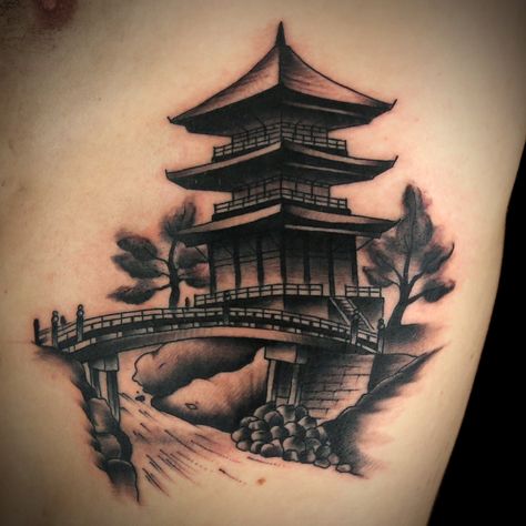 Japanese Temple Tattoo by Kyle MacKenzie Japanese Tattoo Temple, Japan Temple Tattoo, Japanese River Tattoo, Chinese Temple Tattoo, Japanese Temple Tattoo Design, Pagoda Tattoo, Japanese Temple Tattoo, Small Japanese Tattoo, Temple Tattoo