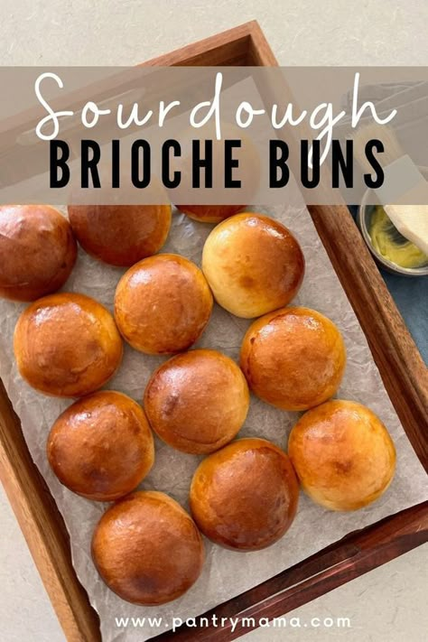 Sour Dough Buns Easy, Sourdough Discard Brioche Bread, Sourdough Brioche Hamburger Buns, Sourdough Discard Brioche Buns, Sourdough Brioche Bread Recipe, Brioche Sourdough Recipe, Sourdough Turkey Loaf, Homemade Brioche Buns, Sourdough Buns Dinner Rolls