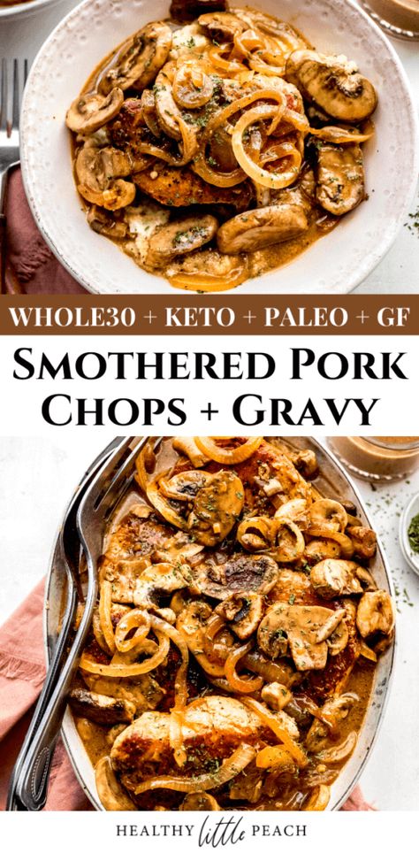 Juicy Smothered Pork Chops seared and cooked in a creamy mushroom and onion gravy that is not only delicious, but a super easy dinner. Serve over creamy cauliflower mash to make a complete meal. Paleo Pork Chops, Healthy Pork Chops, Healthy Pork Chop Recipes, Mushroom Pork Chops, Paleo Pork, Pork Chops And Gravy, Healthy Pork, Smothered Pork, Crockpot Pork Chops