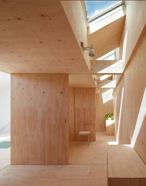 Slope House, Houses In Japan, Plywood Interior, Plywood Walls, Hillside House, Wood Architecture, Modern Cabin, Wood Interiors, Japan Design