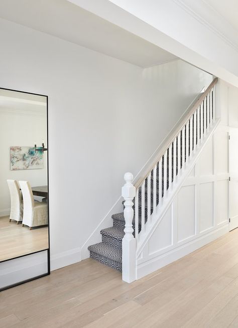 I like the paneling at the side of the staircase; is it possible to add storage too? Stair Panelling, Door Under Stairs, Moody Academia, Staircase Molding, Cotswolds House, Understairs Toilet, Academia Interior, Hallway Panelling, Entrance Hallways