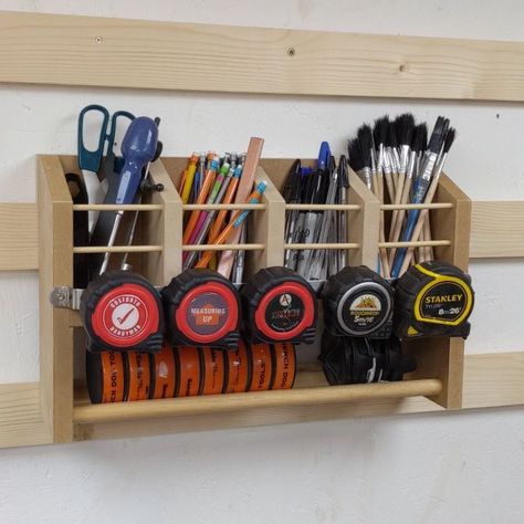 Mike Parsons Custom Creations’s Instagram profile post: “Another multi-holder french cleat storage thingy complete! 🎉 . This time I made a place for all the pens, pencils and odd things I had…” French Cleat Shop Storage, French Cleat Pencil Holder, French Clete Tool Storage, French Cleat Accessories, Hand Tool Wall Storage, Screw Organization Ideas Diy, Hardware Organization Ideas, French Cleat Organization, French Cleats For Tools