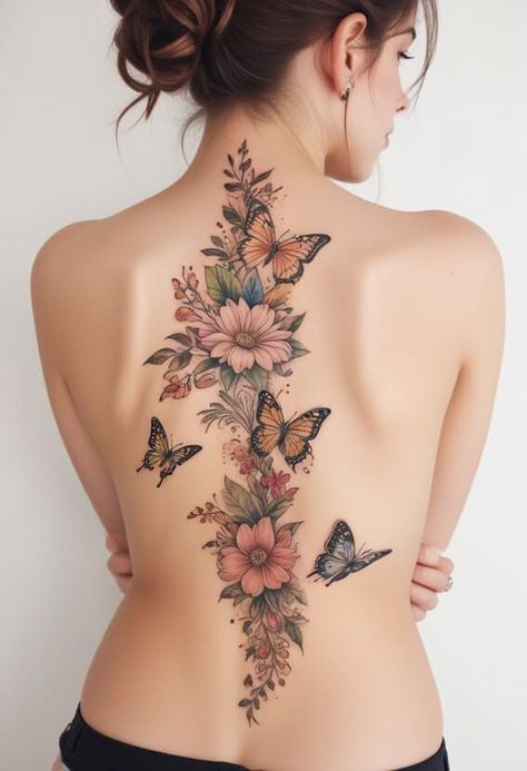 20+ Gorgeous Back Tattoo Ideas For Women Lady Back Tattoo, Full Back Tattoo Flowers, Flower Full Back Tattoo, Different Flowers For Tattoos, Back Tattoo For Women Elegant, Thigh Front Tattoos Women, Full Back Floral Tattoo, Back Tattoo Women Butterflies, Back Tattoo With Meaning