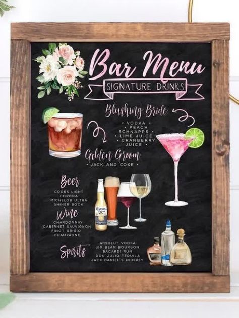 Blushing Bride Drink, Wedding Bar Sign Ideas, Diy Bar Sign, Bar Sign Ideas, Wedding Bar Signs, Cocktail Board, Mobil Bar, Creative Wedding Invitations Design, Gin Festival