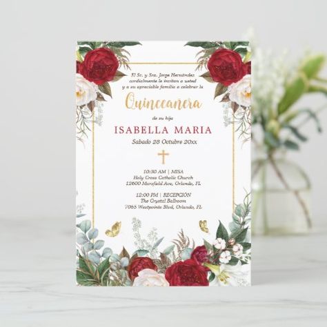 $ 2.8 | Red & Gold Quinceanera Invitation in Spanish - religious quinceanera invitation, red flowers 15th birthday, gold foil butterflies, mis quince anos invite, photo, christian cross, elegant calligraphy script, mexican spanish latina, red floral quinceanera d12, alba marie lifestyle Butterfly Quince, Green Quinceanera Theme, Quinceanera Red, Gold Quinceanera, 15th Birthday Party Ideas, Red Quince, Quince Invitations, Quinceanera Invitation, Text Template