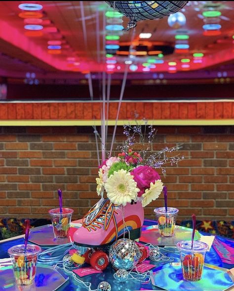 80s Theme Flower Arrangements, 80s Prom Party Decorations Disco Ball, 70s Skating Party, 80s Themed Table Decorations, 70s Party Centerpiece Ideas, 80s Theme Fundraiser, Dancing Through The Decades Centerpieces, 70s Theme Prom, Homecoming Decades Theme