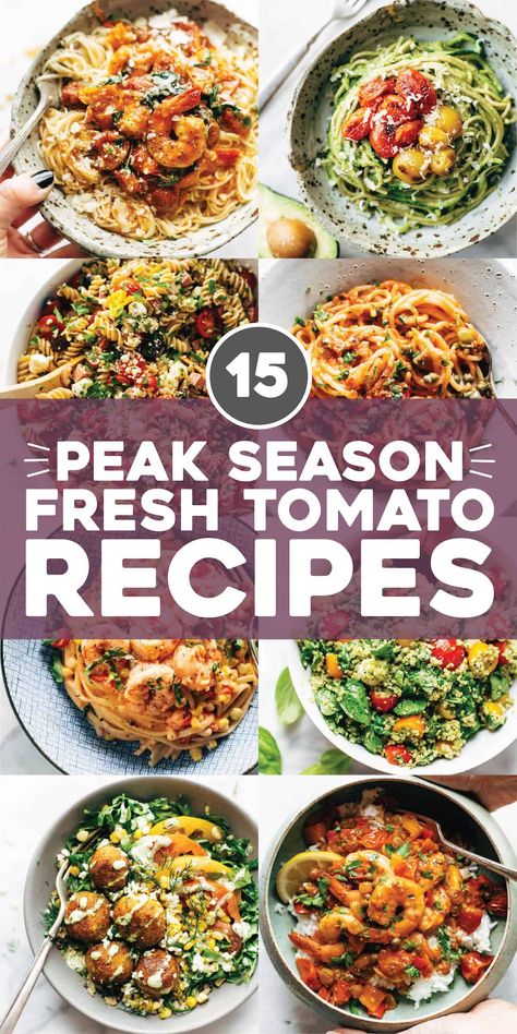 15 Peak Season Fresh Tomato Recipes! If you find yourself with a batch of ripe juicy tomatoes from your garden or the farmer's market, here are some of our favorite tomato recipes to use them up. #tomatoes #summer #farmersmarket Roasted Tomato Dinner Recipes, Field Tomato Recipes, Tomato Main Dish Recipes, Recipes With Heirloom Tomatoes, Fresh Tomato Recipes Dinners, Summer Tomato Recipes, Tomato Recipes Dinner, Recipes Using Fresh Tomatoes, Roma Tomatoes Recipes