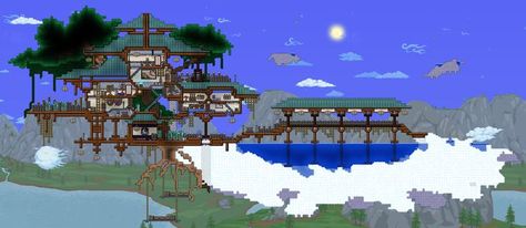 I built it from building plans found on pinterest. Terraria House Ideas, Terraria House Design, Floating Island, Island House, Minecraft Architecture, Terraria, Building Plans, Animal Crossing, Terrarium