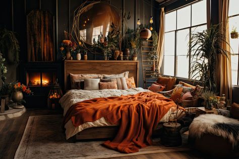 Dark Boho Bedroom, Dark Bedrooms, Dark Cozy Bedroom, Boho Bedroom Design, Earthy Bedroom, Moody Bedroom, Dark Home Decor, Bedroom Orange, Yellow Bedroom