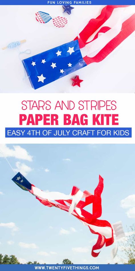 Flag Craft for Kids: Make a Stars-and-Stripes Paper Bag Kite - Fun Loving Families Paper Bag Kite, Star Paper Craft, Cupcake Christmas, Kites Craft, Patriotic Kids, Fireworks Craft, Diy Paper Bag, Flag Crafts, Paper Bag Crafts