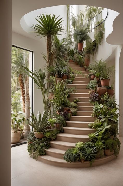 Potted Plant Staircase Display - Various potted plants arranged on each step. Hanging Plants Indoor Stairs, Staircase Plants Indoor, Plant Staircase, Staircase Plants, Green Staircase, Scandinavian Staircase, Tuscan Interior, تحت الدرج, Plant Room