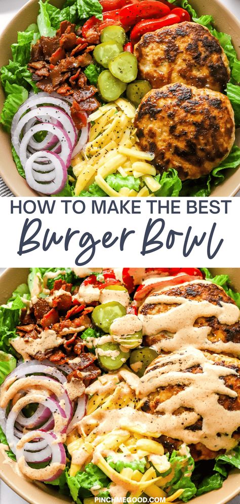 Healthy Summer Dinner Recipes Gluten Free, Burgers Without Buns Ideas, Burger Power Bowl, Turkey Burger Bowl Healthy, Protein Burger Bowl, High Protein Burger Recipes, Burger Bowl Sauce Recipe, Low Carb Burgers, Low Carb Lunch Bowls