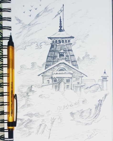 Kedarnath temple snow view pencil ✏️ drawing . Kedarnath Sketch, Kedarnath Temple Sketch, Kedarnath Art, Kedarnath Drawing, Snow View, Kedarnath Temple, Hanuman Tattoo, Temple Drawing, Abstract Pencil Drawings