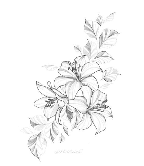 Lilies Drawing Tattoo, Flower Tattoos For Leg, Lily Flower Hip Tattoo, 3 Lily Tattoo Design, Tattoos Of Lily Flowers, Lily Tattoo Drawing, Lilies Flowers Tattoos, Lily Flower Tattoos Shoulder, Flower Tattoo Designs Shoulder