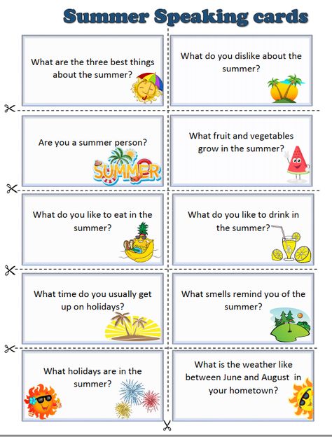 Summer speaking cards - English portal Summer English Worksheet, Speaking Cards For Kids, Speaking Cards For Beginners, Summer Holidays Worksheet, Speaking Cards English, Speaking For Beginners, Speaking Worksheet, English Speaking For Kids, Summer Exercise